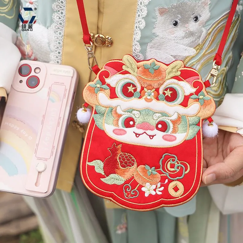 New Year Hanfu Crossbody Bag Embroidered Dragon Year Red Envelope Square Flip Cover Fashionable Chinese Traditional Style Bag