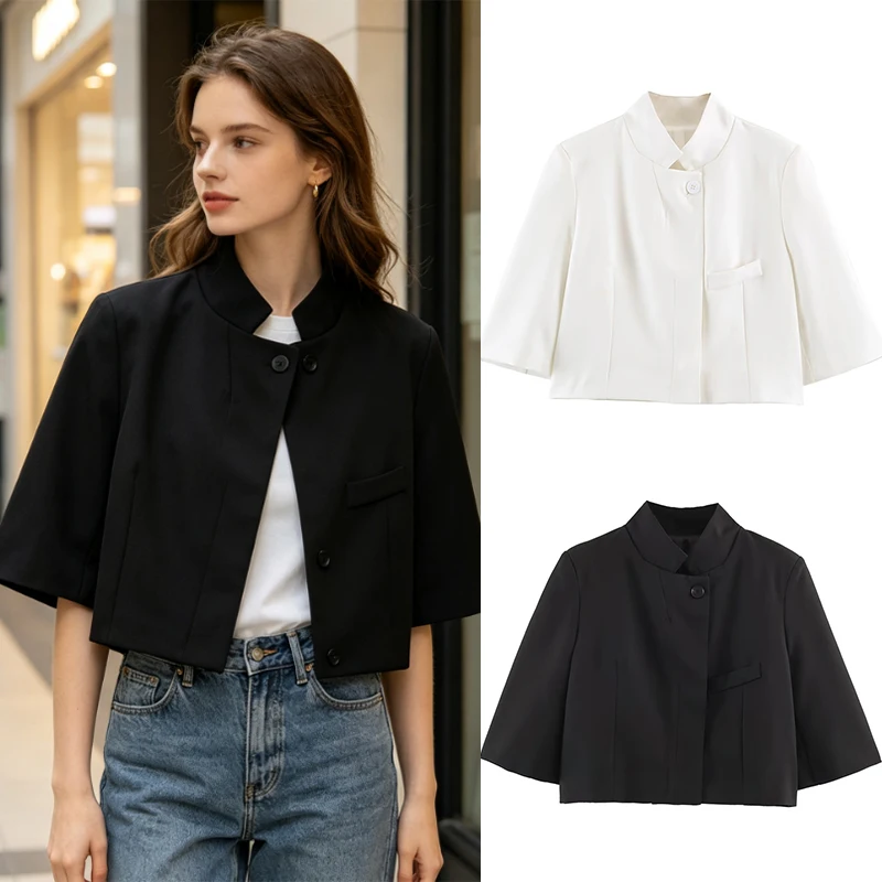Women's New Chinese-Style Short Blazer  Stand Collar Single Button  Asymmetric Placket  Loose Short Jacket  Suitable for Office