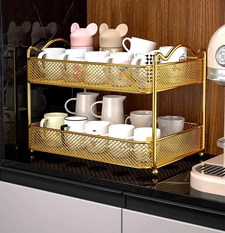 Metal Cup Storage Rack, Light Luxury Desktop Water Cup Tea Cup Storage Rack, Household Double-Layer Tea Set Drainage Rack