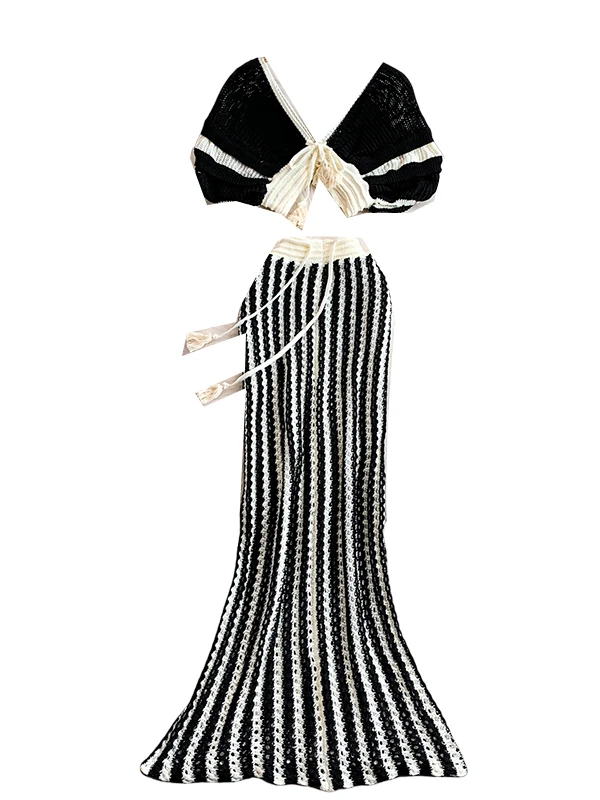 n Vaion Sle مثير V-Ne محبوك مع ذيل Fi طويل مجوف تصميم مكون من قطعتين مجموعة Ele ملابس غير رسمية للتاريخ #5