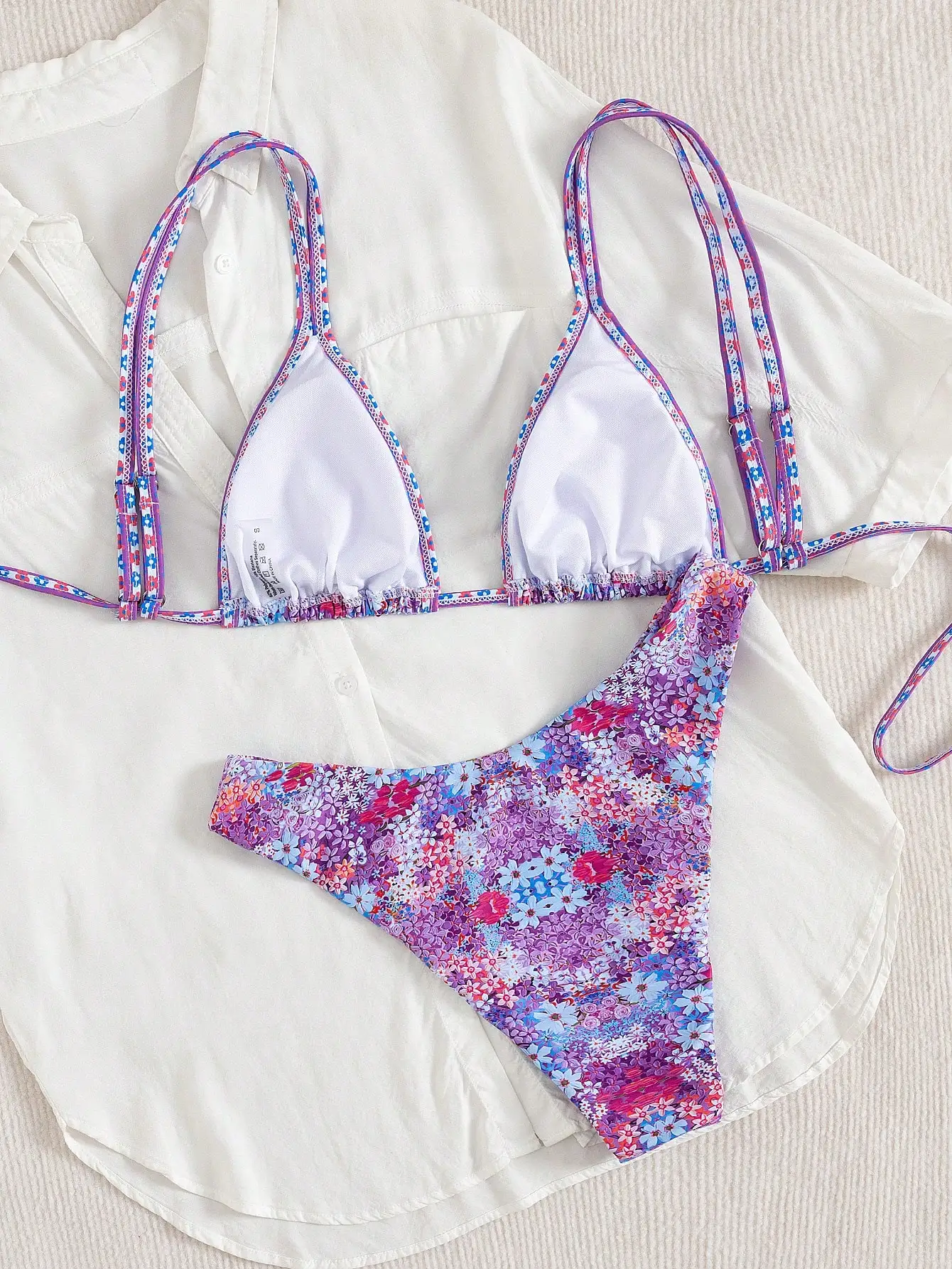 

Floral Print Triangle Bikini Set With Lace-Up Straps For Women Beach Swimwear