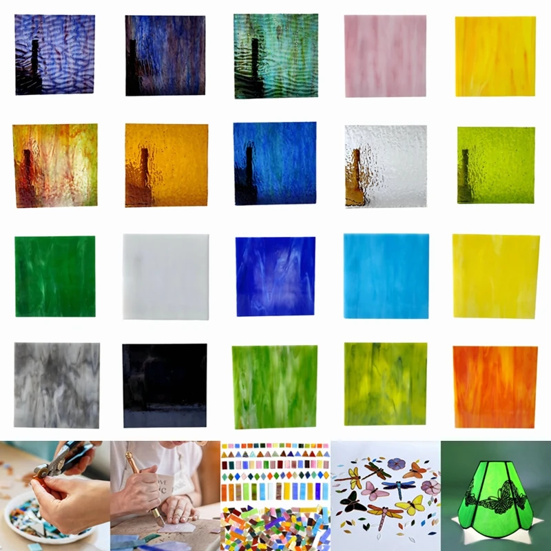 20Pcs 10x10cm Stained Glass Sheets, Mixed Color Textured Glass for Tiffany Lamp Mosaic Art DIY Craft Supplies