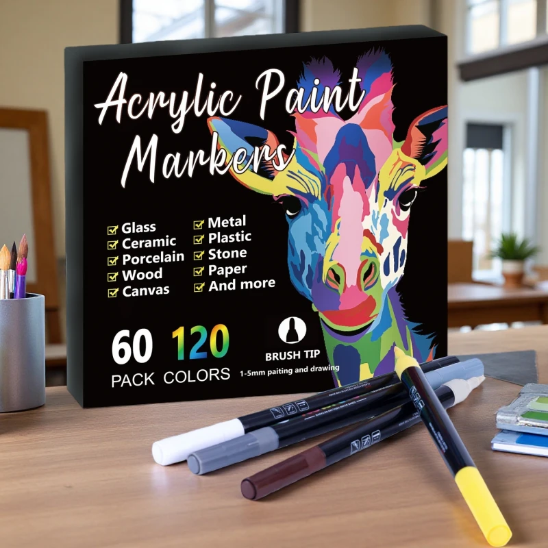 

Professional Art Use 24-120Colors Acrylic Paint Markers, Dual-Tip Fine and Brush Tip Pens, Suitable for Stone, Wood, Calligraphy