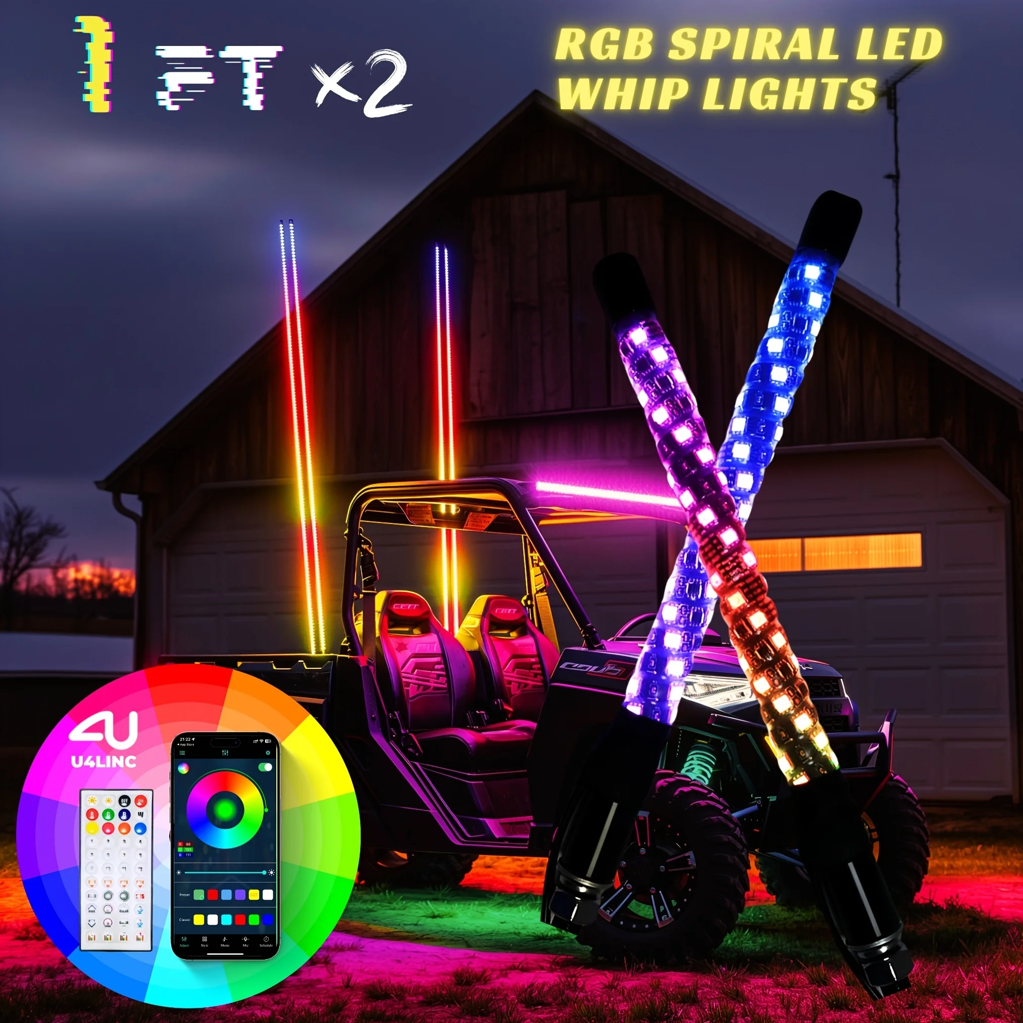 

1FT 2pcs (Pair) Brighter RGB LED Whip Lights Flag Pole Remote & APP Control Color Changing Lamp Spiral RGB Chasing/Dan
