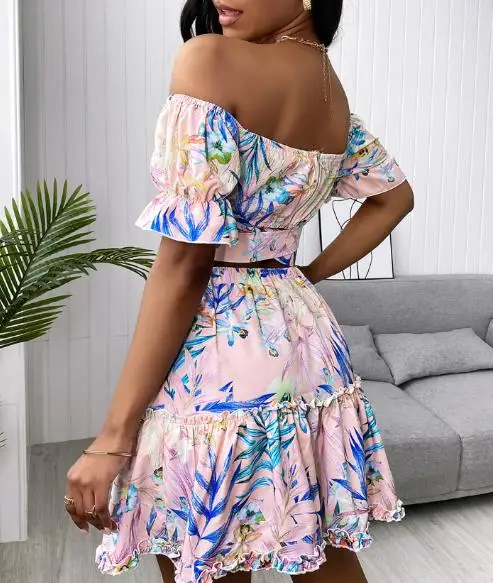 Women's Elegant suits 2024 Spring/Summer Latest Temperament V-shaped Collar Sleeveness Sweet Pink Flower Print Lace Up Set Skirt