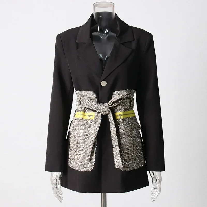 Blazer formal feminino com cinto, casaco de manga comprida, botão único, roupa de trabalho de negócios, jaqueta feminina, preta, branca