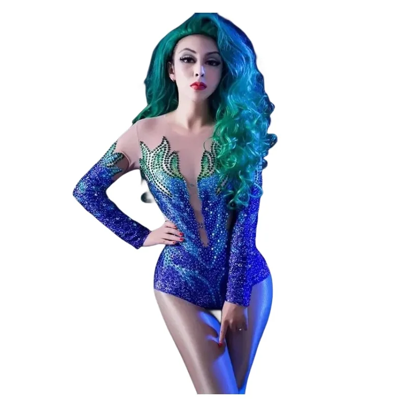 

Female Dancer DJ Acrobatic Performance Crystal Bodysuit Stage Costume Elastic Long Sleeve See-through Mesh Rhinestones