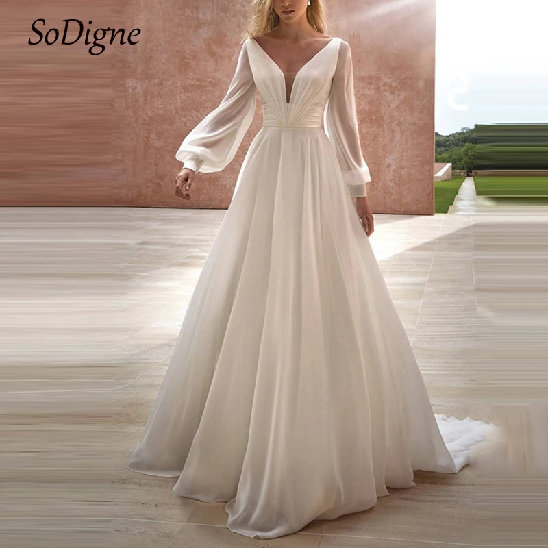 

SoDigne Chiffon Simple Wedding Dresses A-line V-neck Full Sleeves 2024 Bride Gowns Long Women Bridal Dress robe de mariée