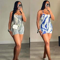 2024 Summer Sexy Spaghetti Strap Backless Shorts Jumpsuits Women Striped Print Sport Skinny Playsuit