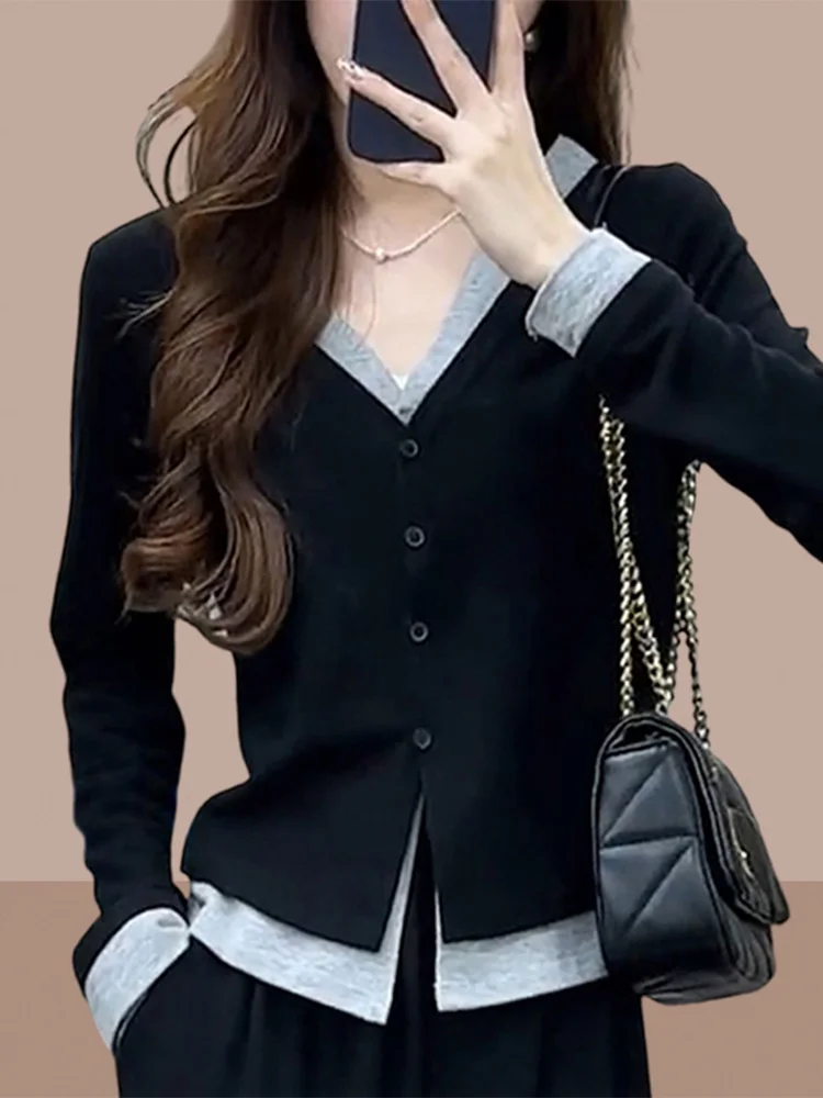 

Slim Fit Long Sleeve Knitted Sweater Women's Base Layer Top V-Neck Color Commute Style Spring Autumn New Arrival