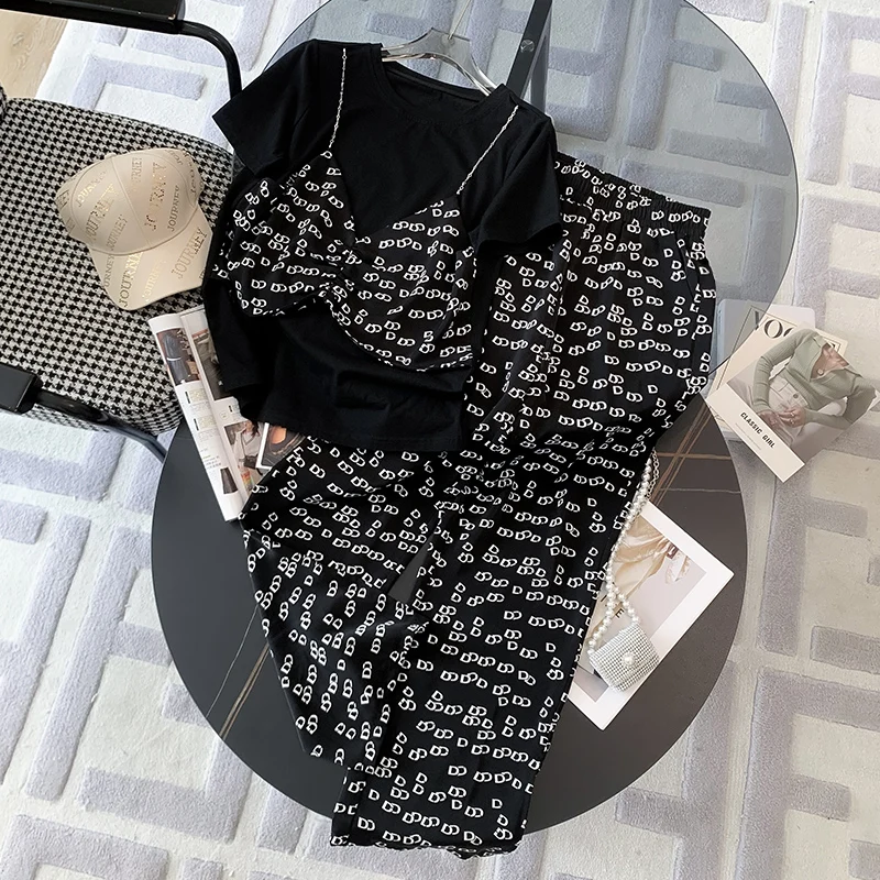 

Fashionable Wide Leg Pants Casual Set Women Summer 2026 New Style Strap Top Trendy Sporty Two Piece Set Ladies Clothing