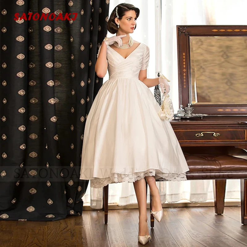 

Vestidos De Novia Simple Elegant Satin Short Wedding Dress 2023 for Women V-Neck Cap Sleeve Lace Bridal Gown Robe Mariée Custom