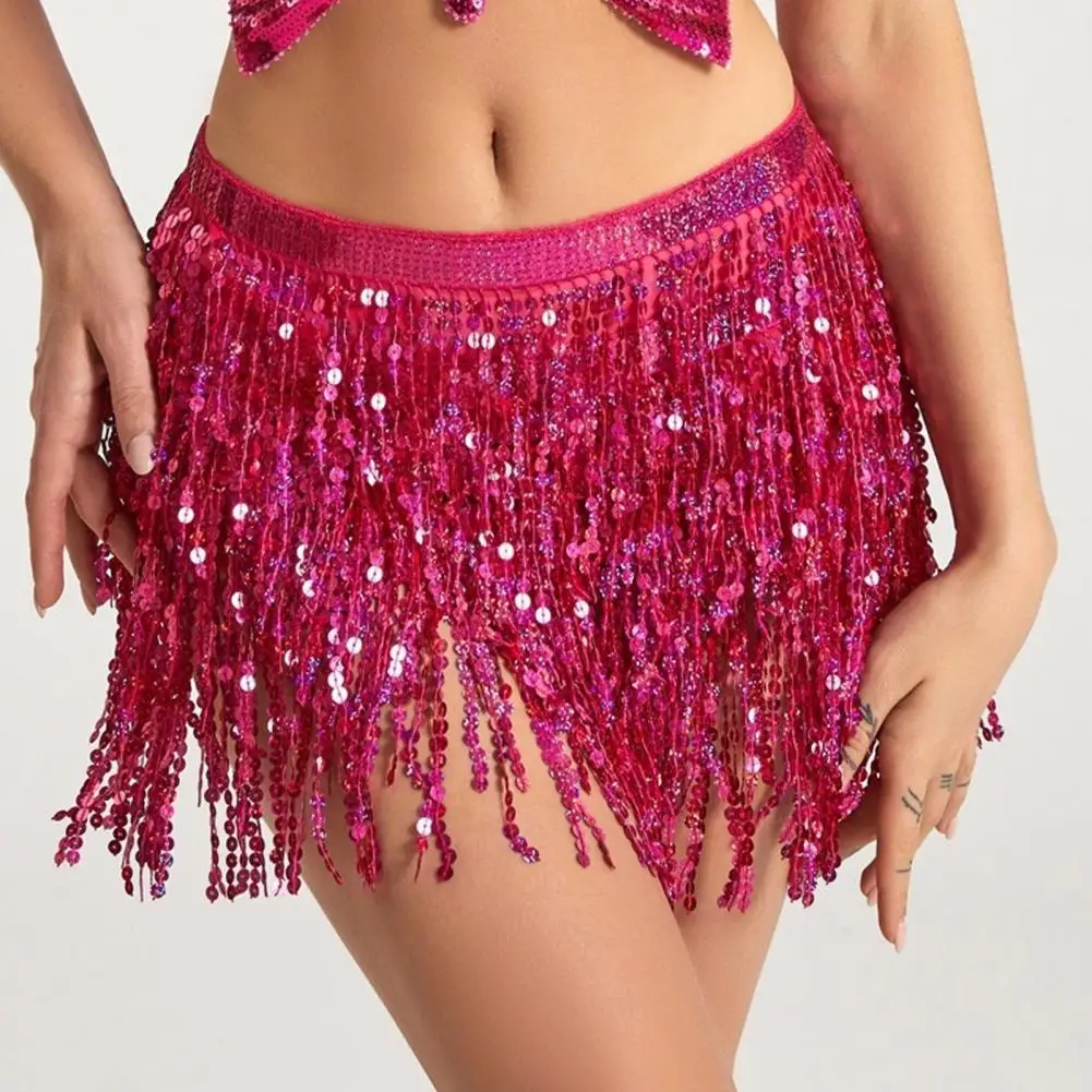 Pailletten Quaste Taille Schal Frauen Karneval Rock Bohemian Clubwear Bauchtanz Rock mit Quaste Kette Pailletten Detail für Latein