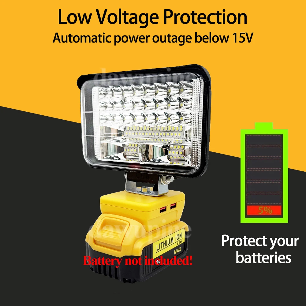 5 Inch LED Working Light Camping Lamp Spotlights Flashlight Torch for Dewalt 18V 20V Li-ion Battery DCB200 DCB180 USB Power Bank