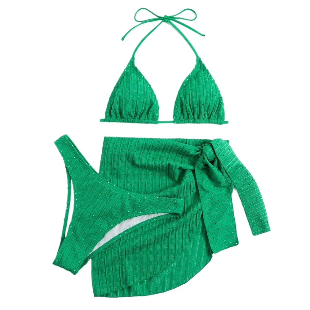 

2025 Summer Halter Bikini 3 Pieces Women Special Material Sexy Thong Swimwear With Sarong Skirt White/Black/Pink/Green Beachwear