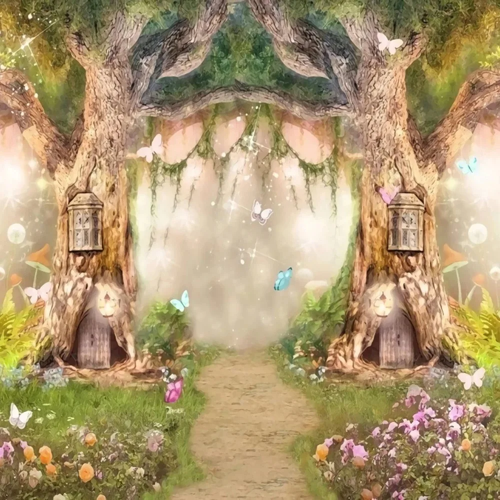 Fairy Tale Magic Mushroom Forest Butterfly Theme Photography Backdrop, Children's Birthday Party Decoration Photography Backdrop
