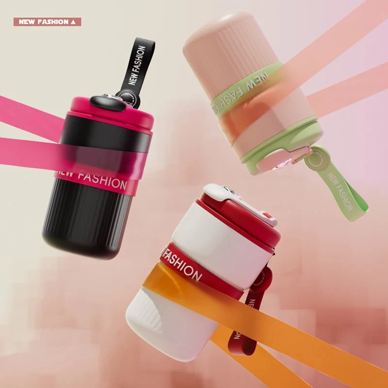New 316 Stainless Steel Mug Ceramic Coated Liner Coffee Cup 450ML Portable Simple Stripes Couple Thermos Coffee Cup Water Bottle