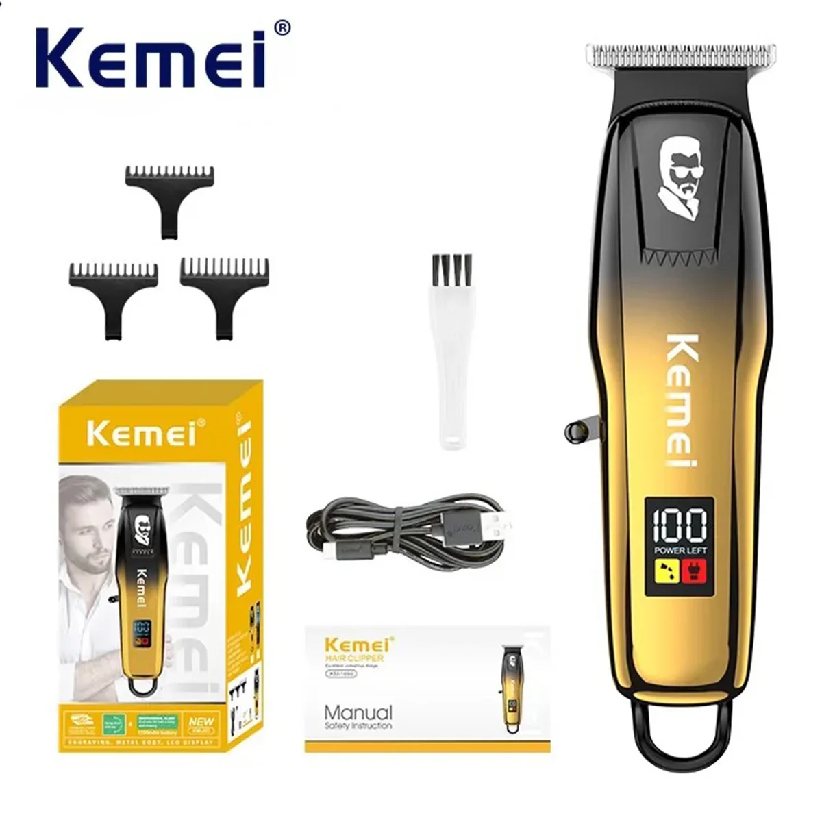 Kemei Professional Hair Trimmer Men Beard Trimmer Hair Clippers Cordless Rechargeable Finish Hair Cutting Machine Grooming Kit