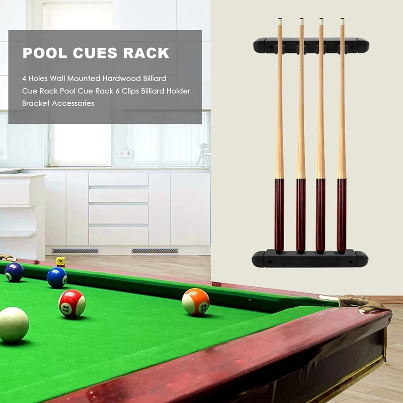 4 Holes Wall Mounted Hardwood Billiard Cue Rack Pool Cue Rack 6 Clips Billiard Holder Bracket Accessories