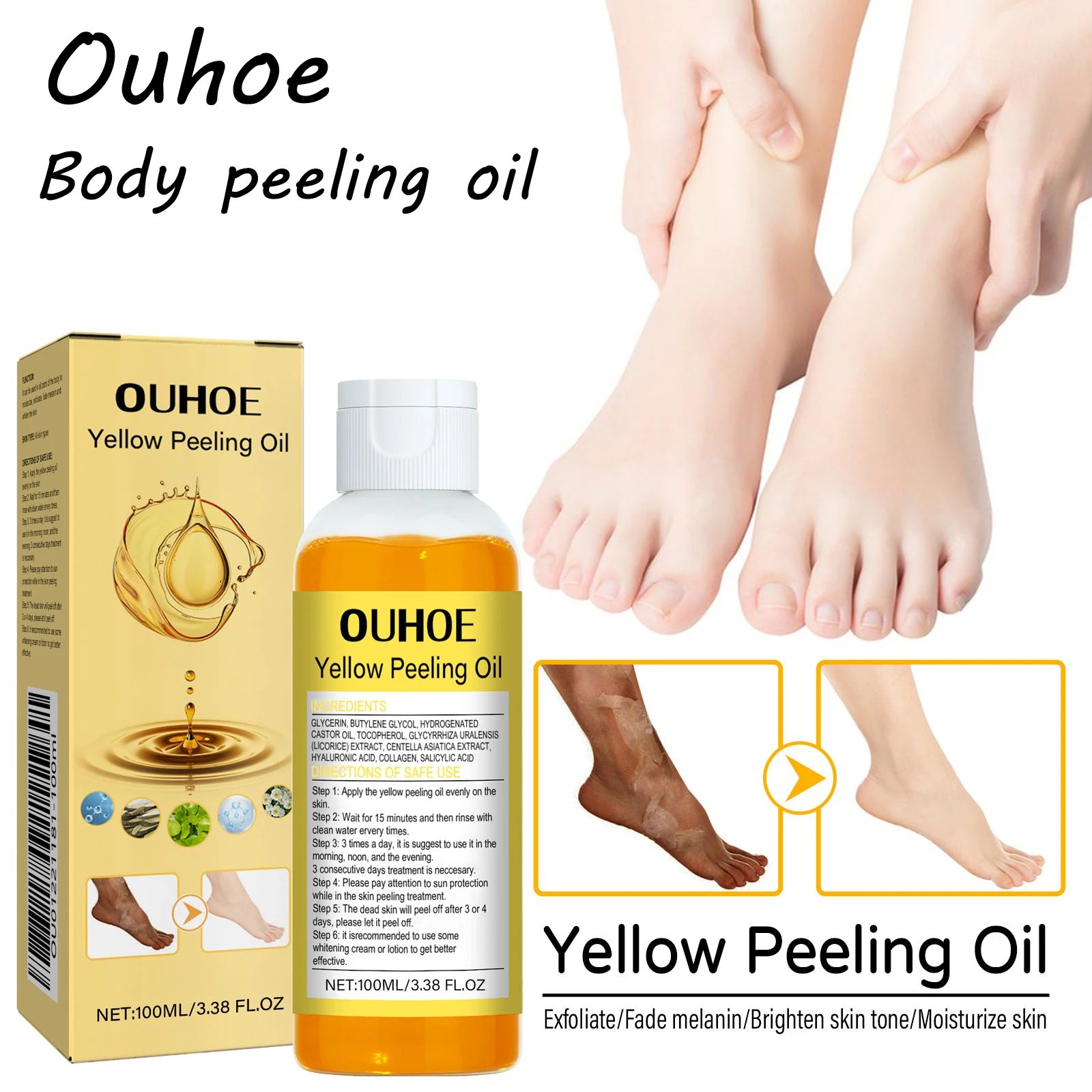 

Ouhoe Yellow Skin Peeling Oil Moisturizing Nourishing Remove Dead Skin Enhance Smoothness Glowing Skin Tone Body Exfoliating Oil