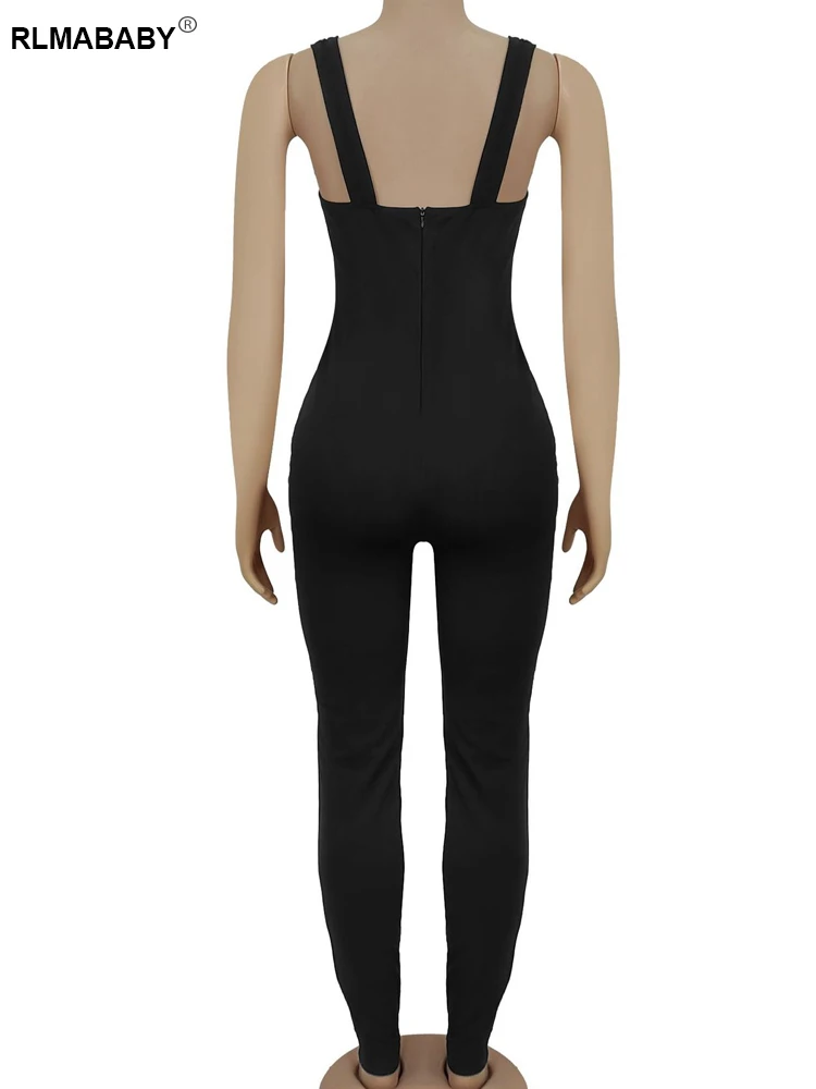 RLMABABY Sexy Strap Backless Metal Circle Women Bodycon Jumpsuit Fashion Low Chest Sleeveless Skinny Rompers Overalls Jumpsuit