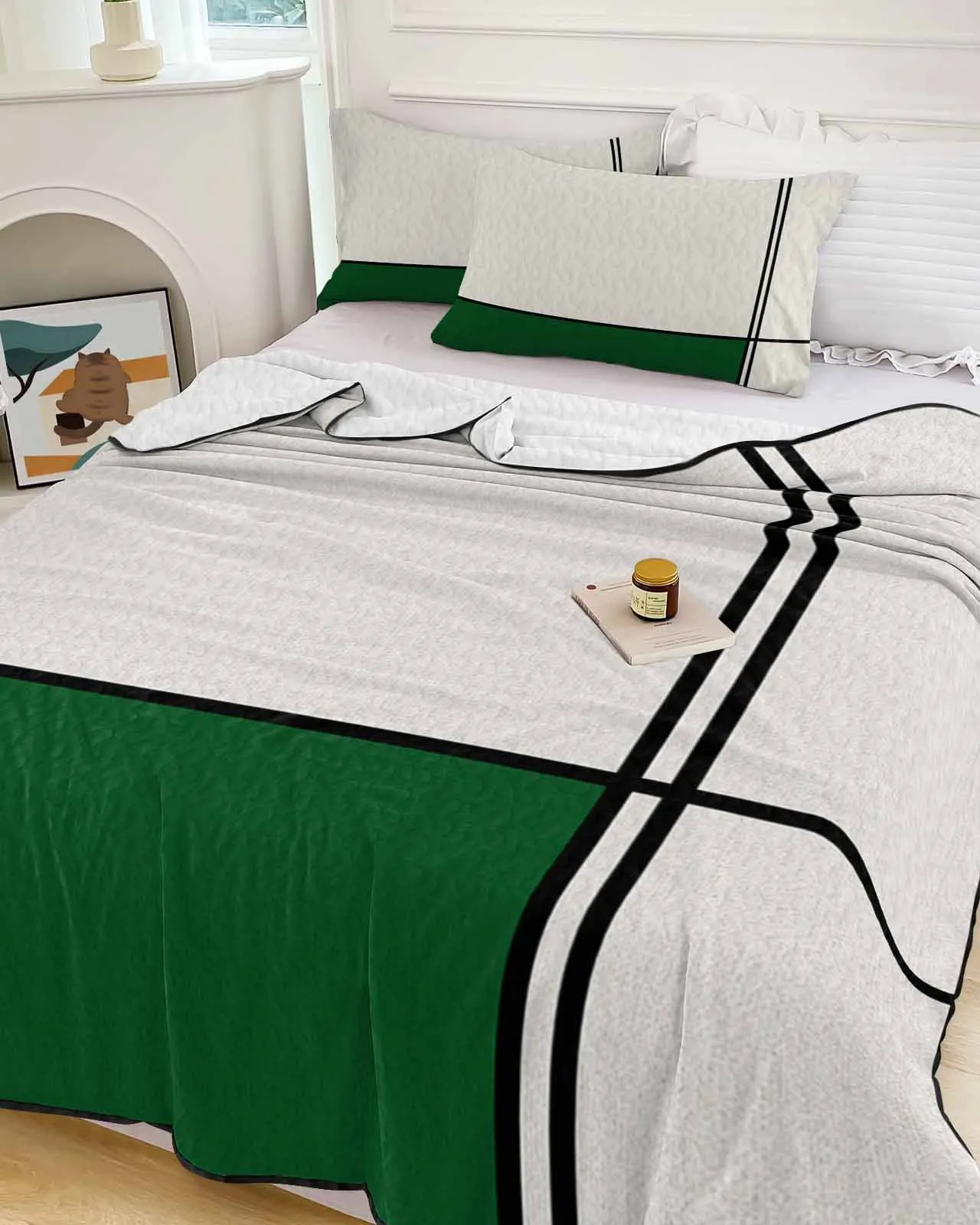 

Dark Green Abstract Geometric Line Cooling Blankets Air Condition Comforter Lightweight Summer Quilt for Bed Soft Thin Quilt