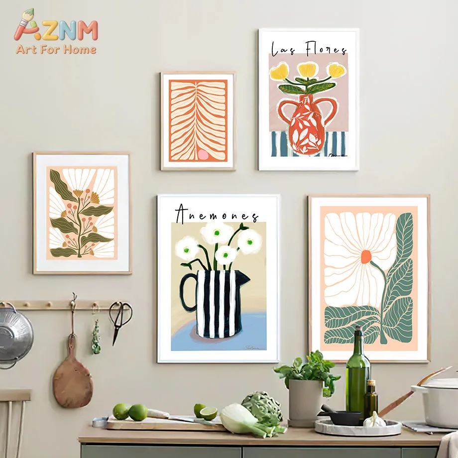 AZNM Boho Floral Canvas Wall Art Abstract Flower Vase Butterfly Inspirational Quote Colorful Hand Drawn Painting Modern Living R