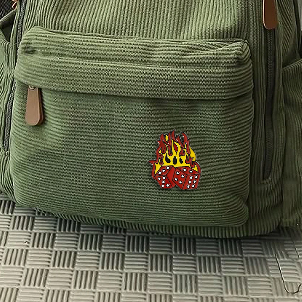 Funny Fire Dice Design Enamel Brooches Red Yellow Colors Metal Pins Backpack Bag Wallet Badge Accessories