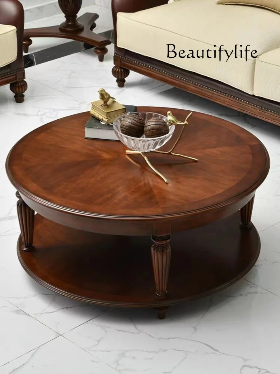 American French solid wood coffee table retro round simple European small apartment home living room storage