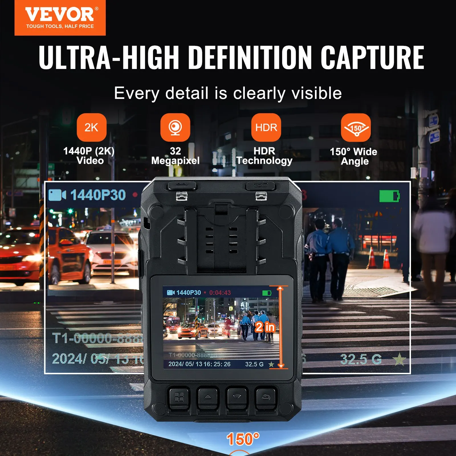 

1440P HD Police Body Camera, 64GB Body Cam With Audio Video Recording Picture, Built-in 3500 MAh Battery, Infrared Night Vision