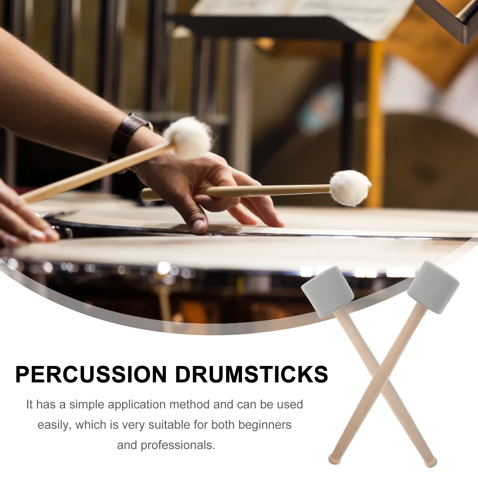 

2Pcs Drumsticks Bass Drum Mallets Durable Non-Skid Wood Foam Professional Percussion Drum Tools for Performance