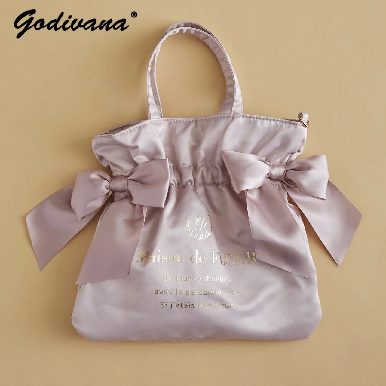 Japanese Style Cute Satin Silk Double Bow Messenger Bag Bronzing Letters Drawstring Shoulder Bag Girl Women\'s Soft Handbags