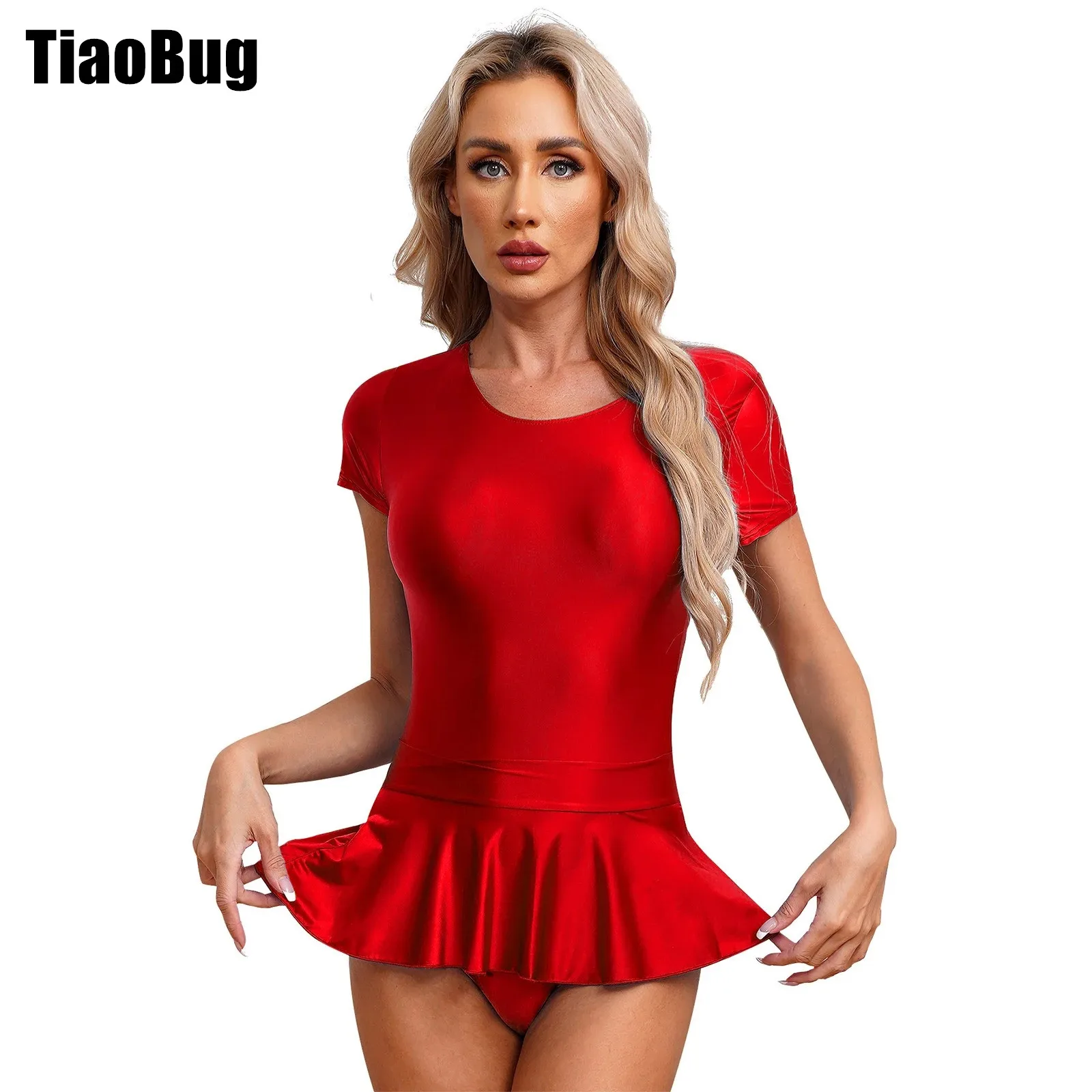 

Womens Glossy Party Set Short Sleeve Round Neck High Cut Leotard with Low Rise Ruffled Miniskirt for Swim Beach