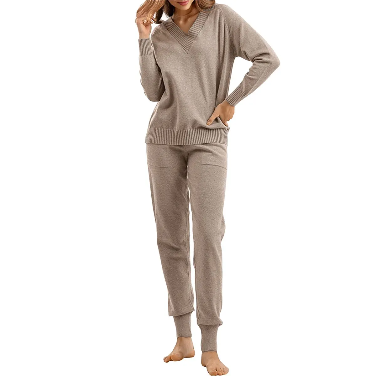 CYL-Women's V الرقبة 2 قطعة سترة مجموعة البلوز عارضة عالية الخصر متماسكة مجموعة Sweatsuits #5