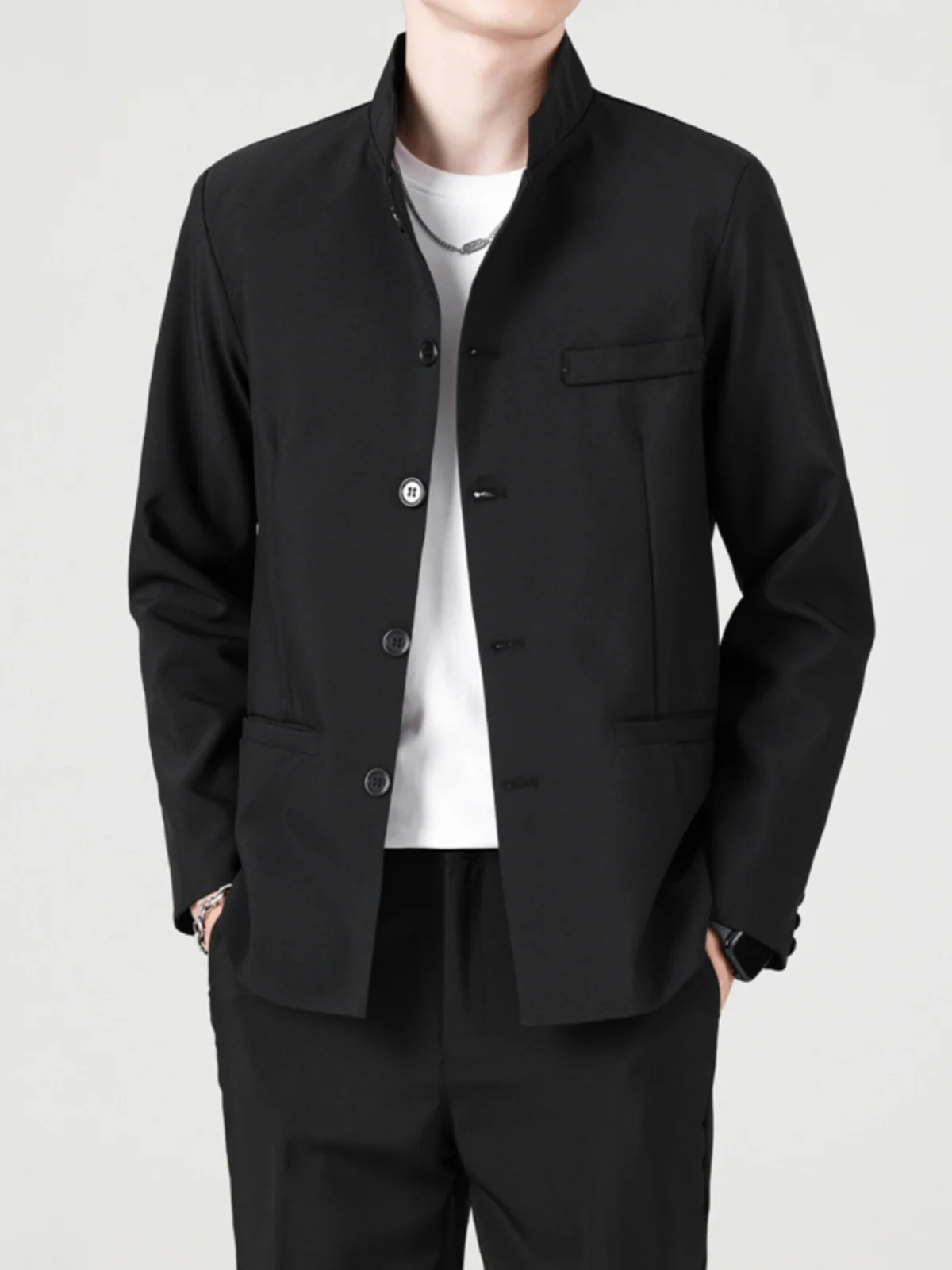 

Youth Men's Tailored Jacket Stand Collar Wedding Ceremony Performance Casual Chinese Style Long Sleeve Double Slit