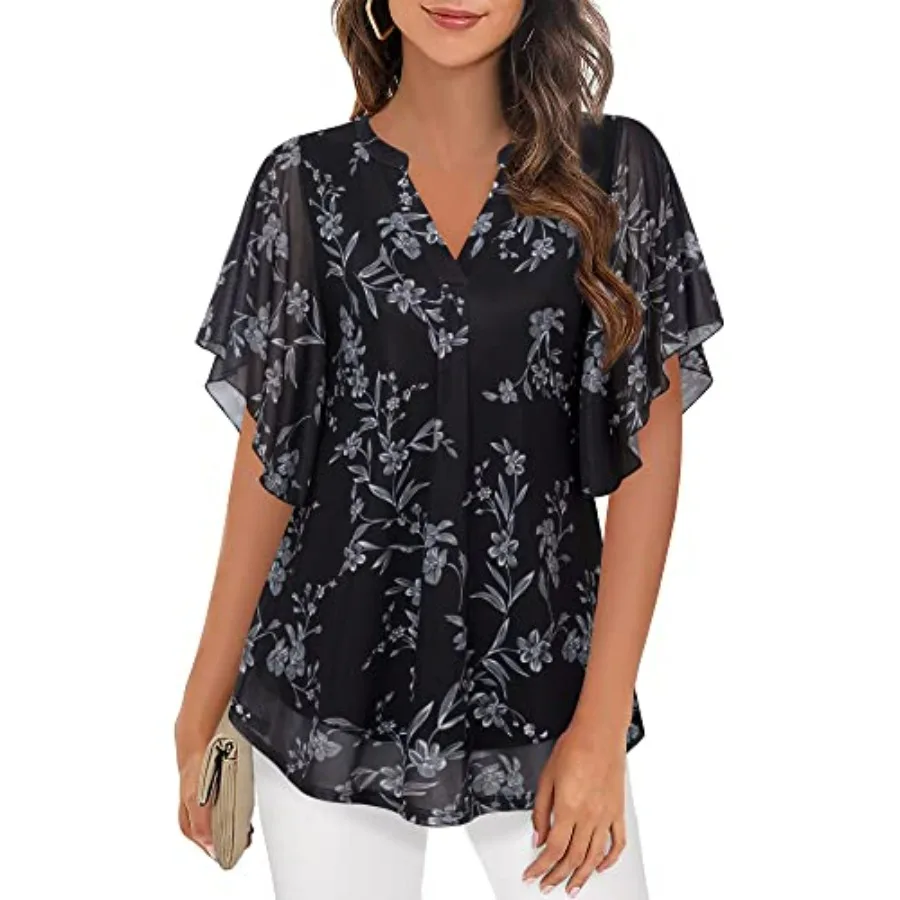 

Timeson Women's Short Sleeve V Neck Blouses Shirts Floral Double Layers Mesh Tunics Tops