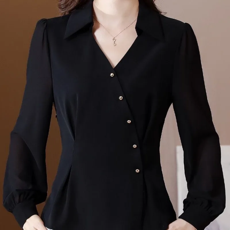 Women's Spring Autumn Fashion Elegant Solid Color Pullover POLO Collar Button Casual Versatile Long Sleeve Slim Fit Shirt Tops