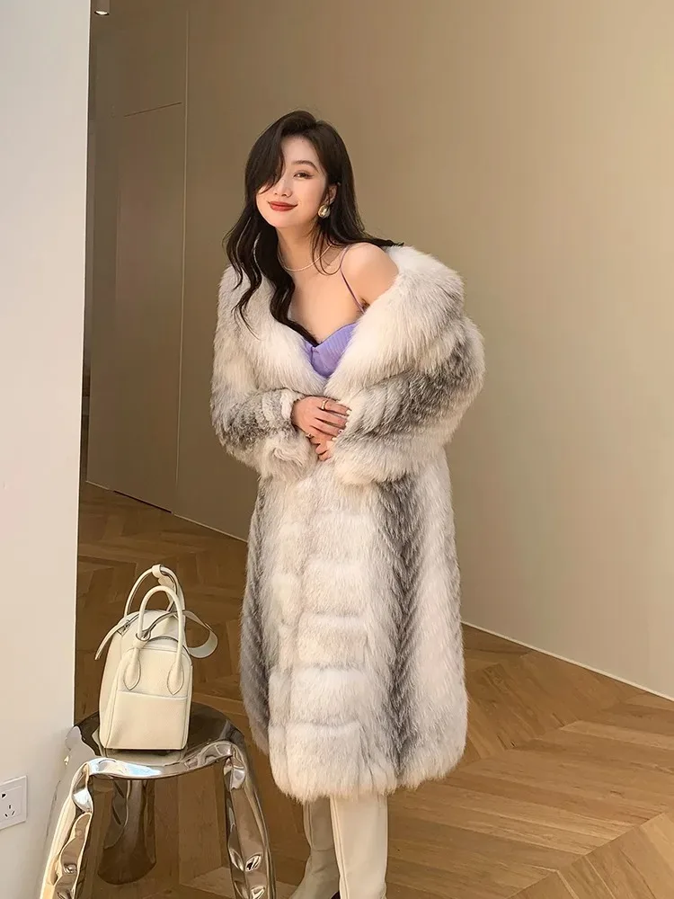 Women's Whole Leather Silver Fox Fur Coat Trendy Inlay Tech X-Long