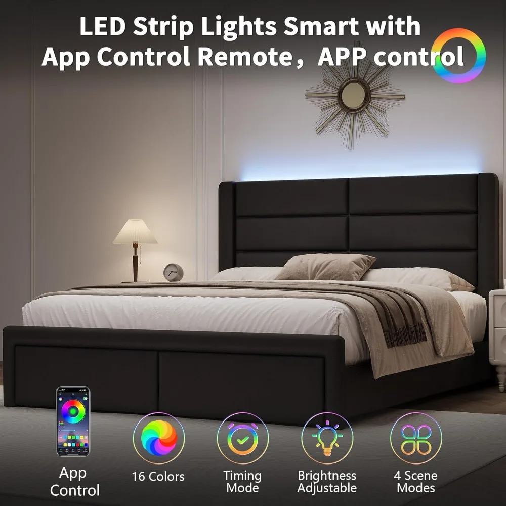 سرير حديث منجد من الجلد الصناعي مع لوح رأسي وأضواء LED ودعم شرائح خشبية للاستخدام الثقيل