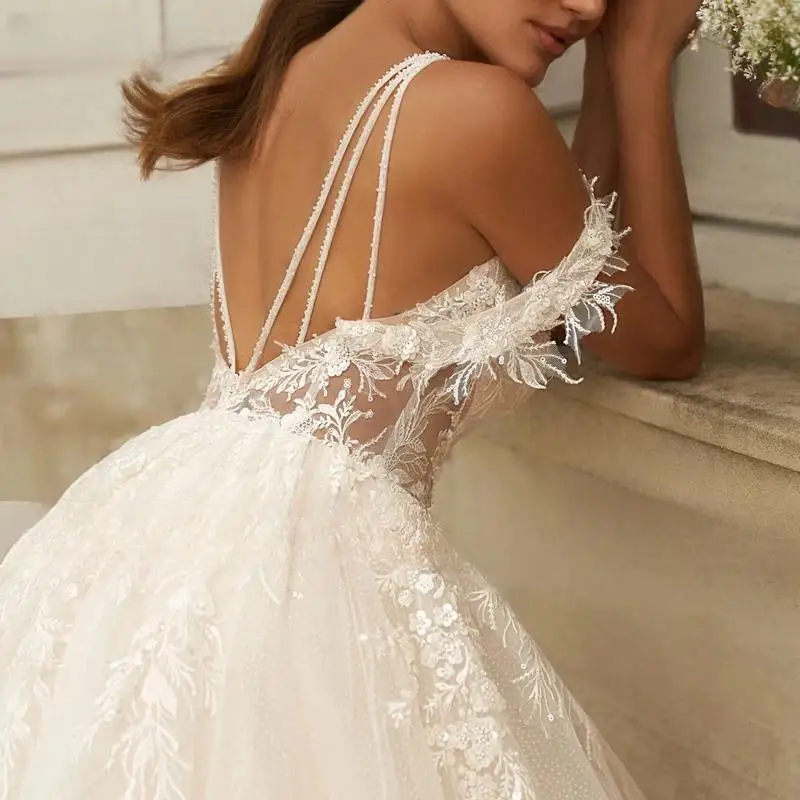 Lindo apliques brilhante a linha vestido de casamento sexy querida sem costas miçangas cintas de espaguete vestido de noiva vintage personalizado