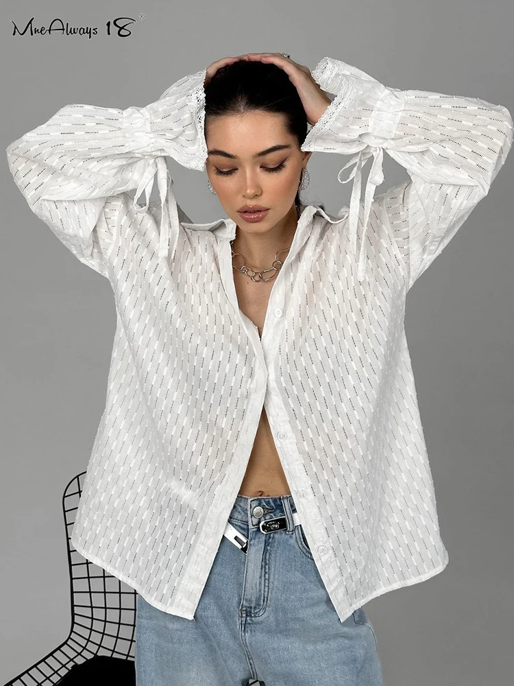 Mnealways18 Jacquard Weave Elegant White Shirts Women Office Ladies Puff Sleeve Lace-Up Perspective Blouses And Tops Autumn 2024