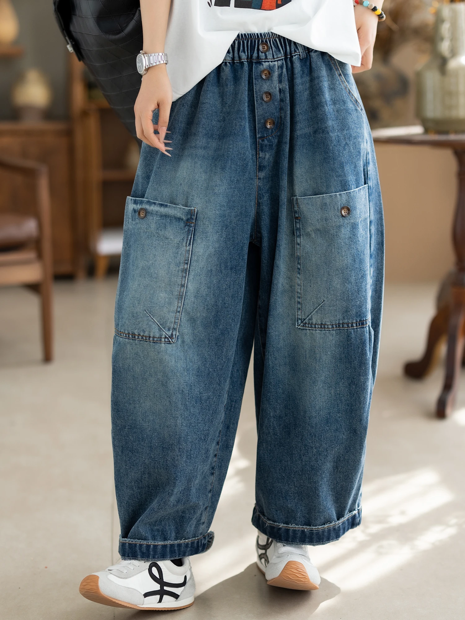 

Loose Wide Leg Denim Jeans Women's Spring Autumn New Sle Retro Artistic Cuff High Waist Jeans Harlan Pants with Big kets
