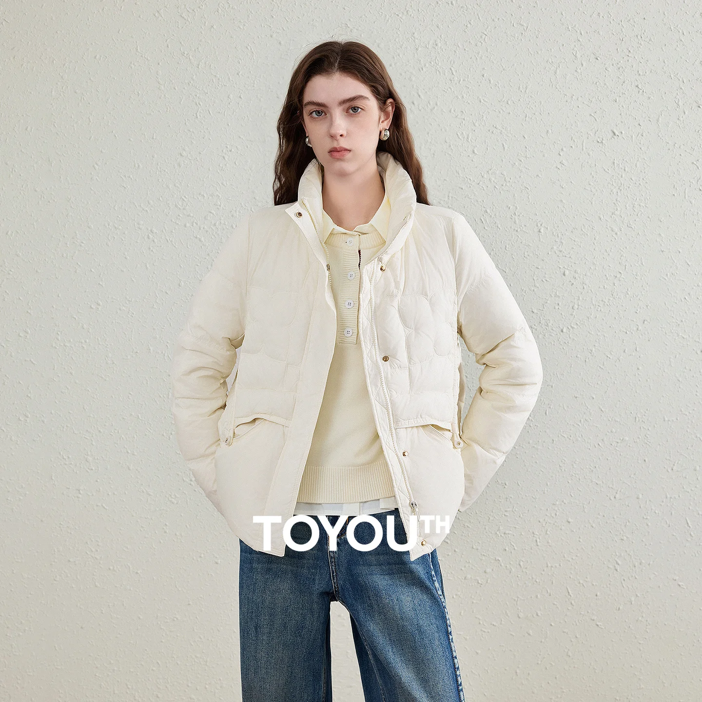 TOYOUTH Women's 90% White Duck Down Jacket 2026 Autumn New High Neck Windproof Fluffy Cocoon Silhouette Warm Outerwear