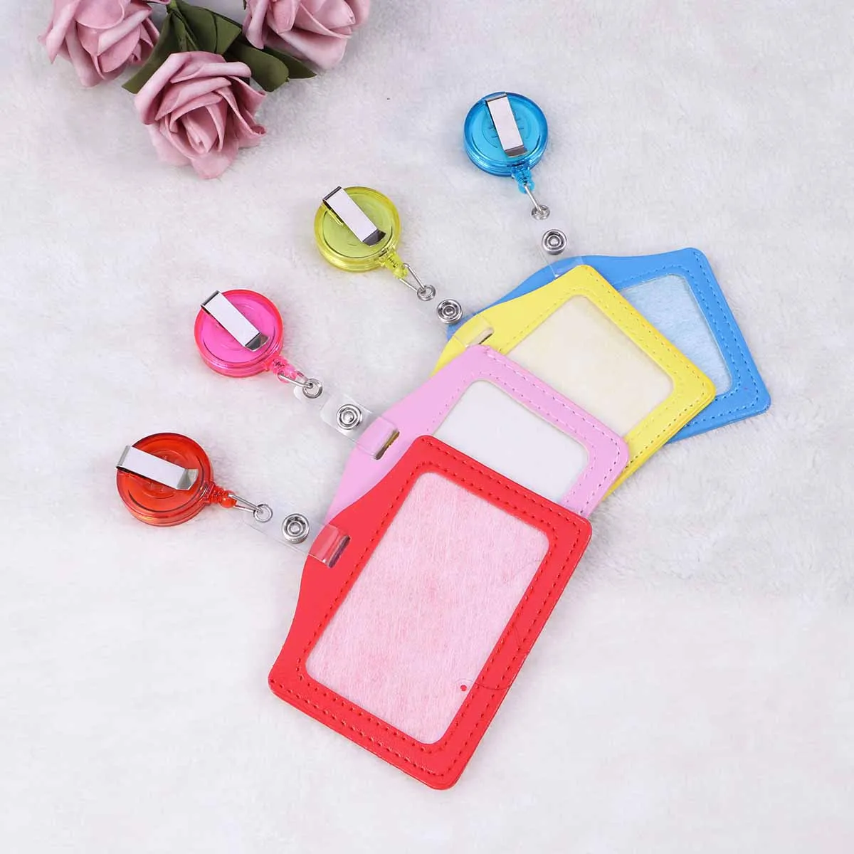 

8Pcs PU Id Badge Holder Pass Pouch Transverse Style for Office School Company Id Card Protection Retractable Pull Clip