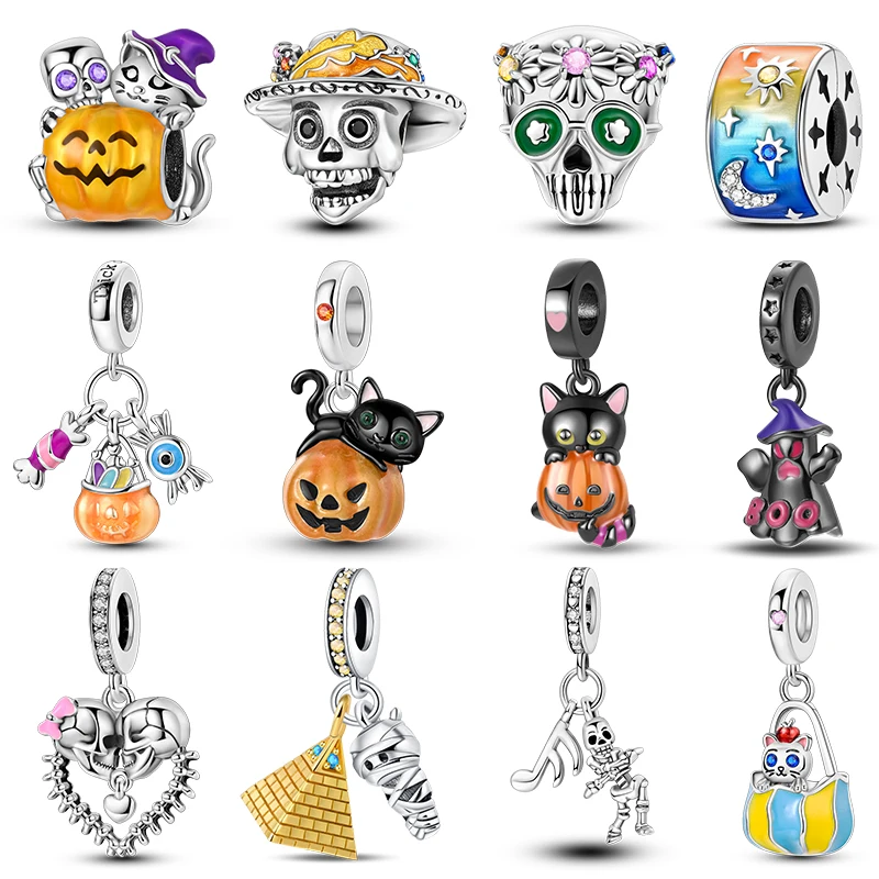 2024 New 925 Silver-Plated Luminous Halloween Series Pumpkin Demon Candy Charms Beads Fit Pandora Original Bracelets DIY Jewelry