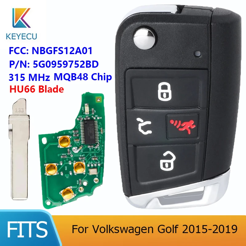 

KEYECU FCCID: NBGFS12A01 Replacement Keyless Smart Remote Key 4B 315MHZ Megamos AES 5G0 959 752 BD for Volkswagen Golf 2015-2019