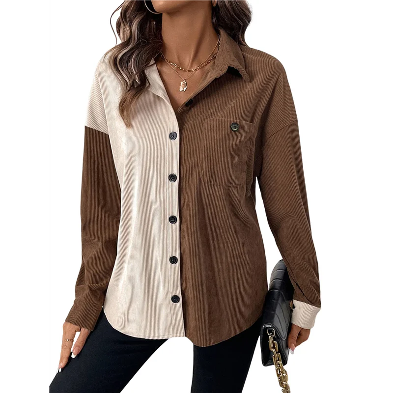

AG-Womens Corduroy Shacket Blouses Button Down Shirts Pocket Long Sleeves Tops Jacket Coats