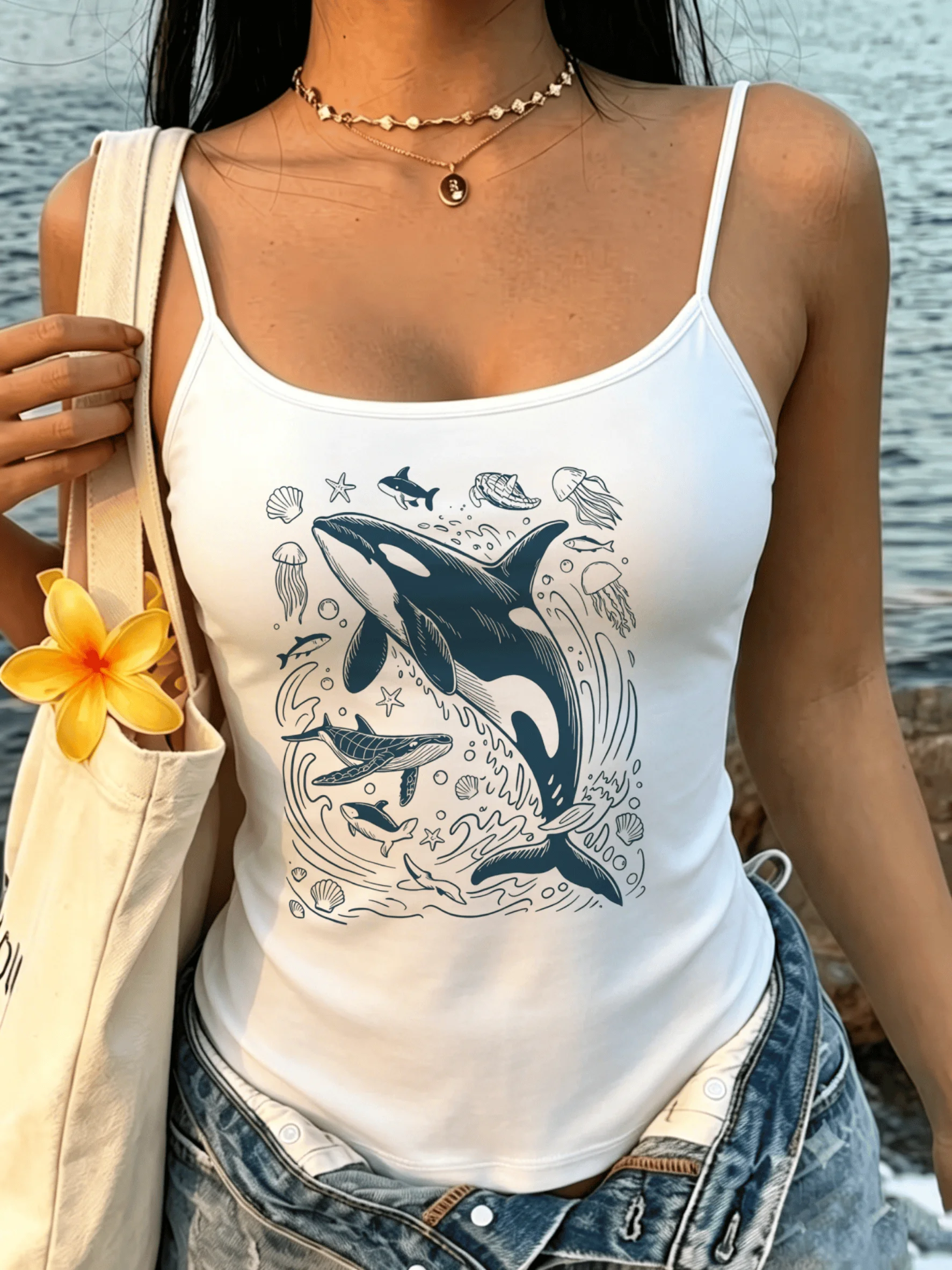 Vintage Ocean Orca Marine Life Illustration Spaghetti Strap Camisole Women Sleeveless Tank Top Seaside Holiday Casual Vest
