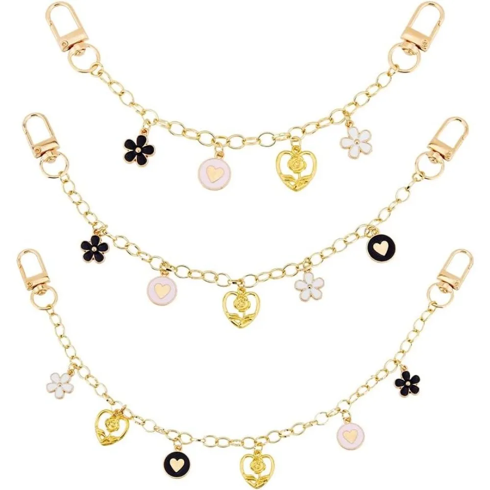 3Pcs Gold Decorative Bag Chain 3 Sizes Replacement Extension Bags Chain Purse Chains with Flower Heart Enamel Pendant