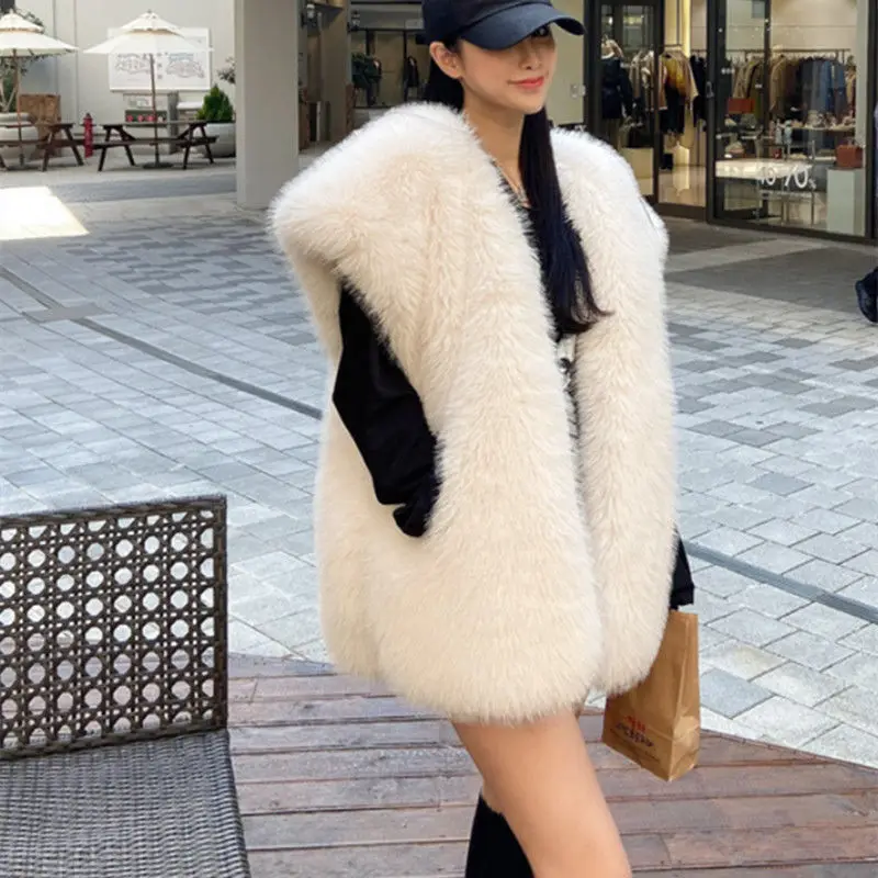 Chic Faux Mink Fur Vests Thickened Autumn Winter Imitation Fox Hair Waistcoat Mid Length Sleeveless Furry Tanks Cardigan Tops